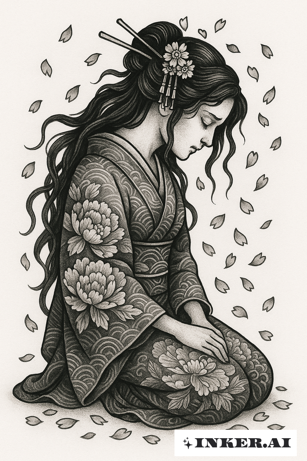 A Grieving Persephone With Falling Sakura Petals