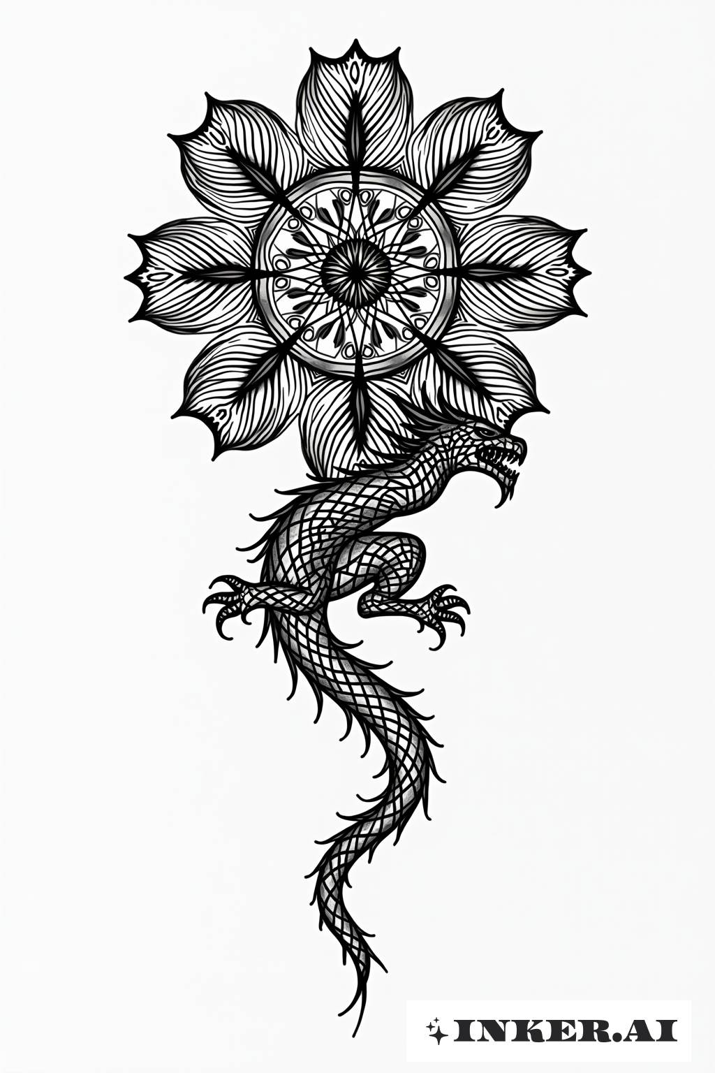Ein mächtiger Drache, der sich in einem komplexen Mandala windet, mit detaillierten geometrischen Mustern, kräftigen schwarzen Linien und scharfer Symmetrie.