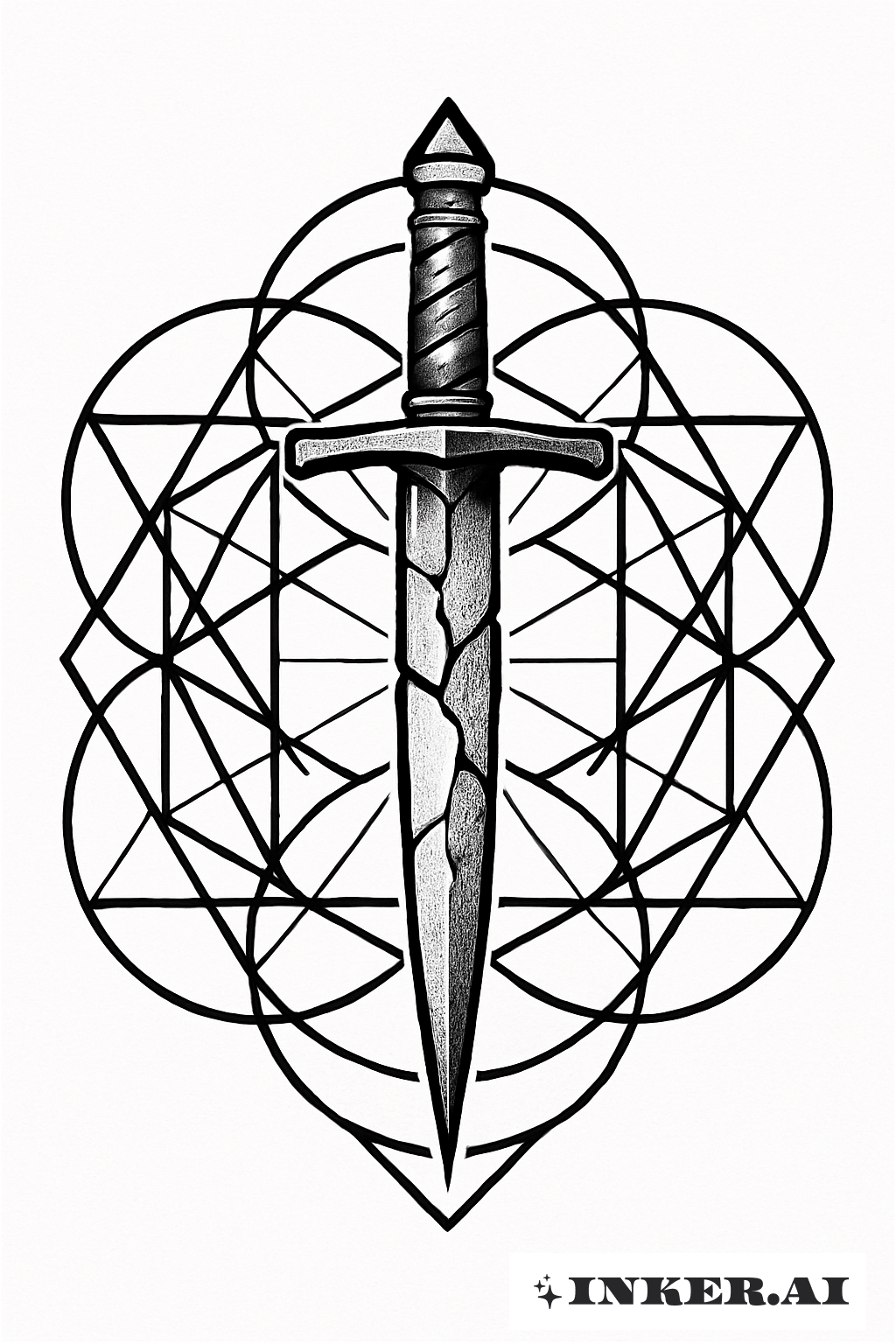Heilige Geometrie, die einen zerbrochenen Dolch umrahmt