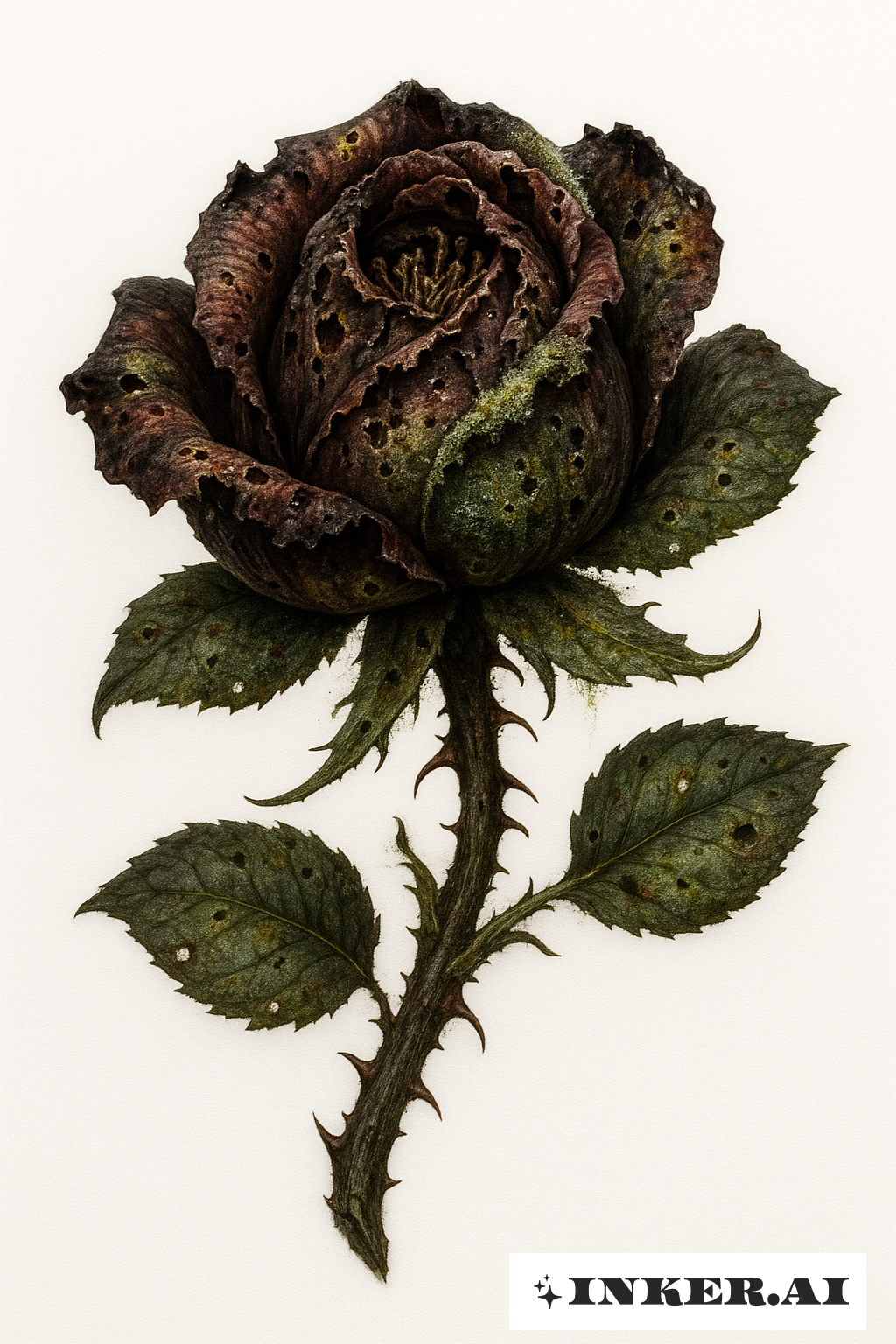 Une rose hyperréaliste infectée et en décomposition
