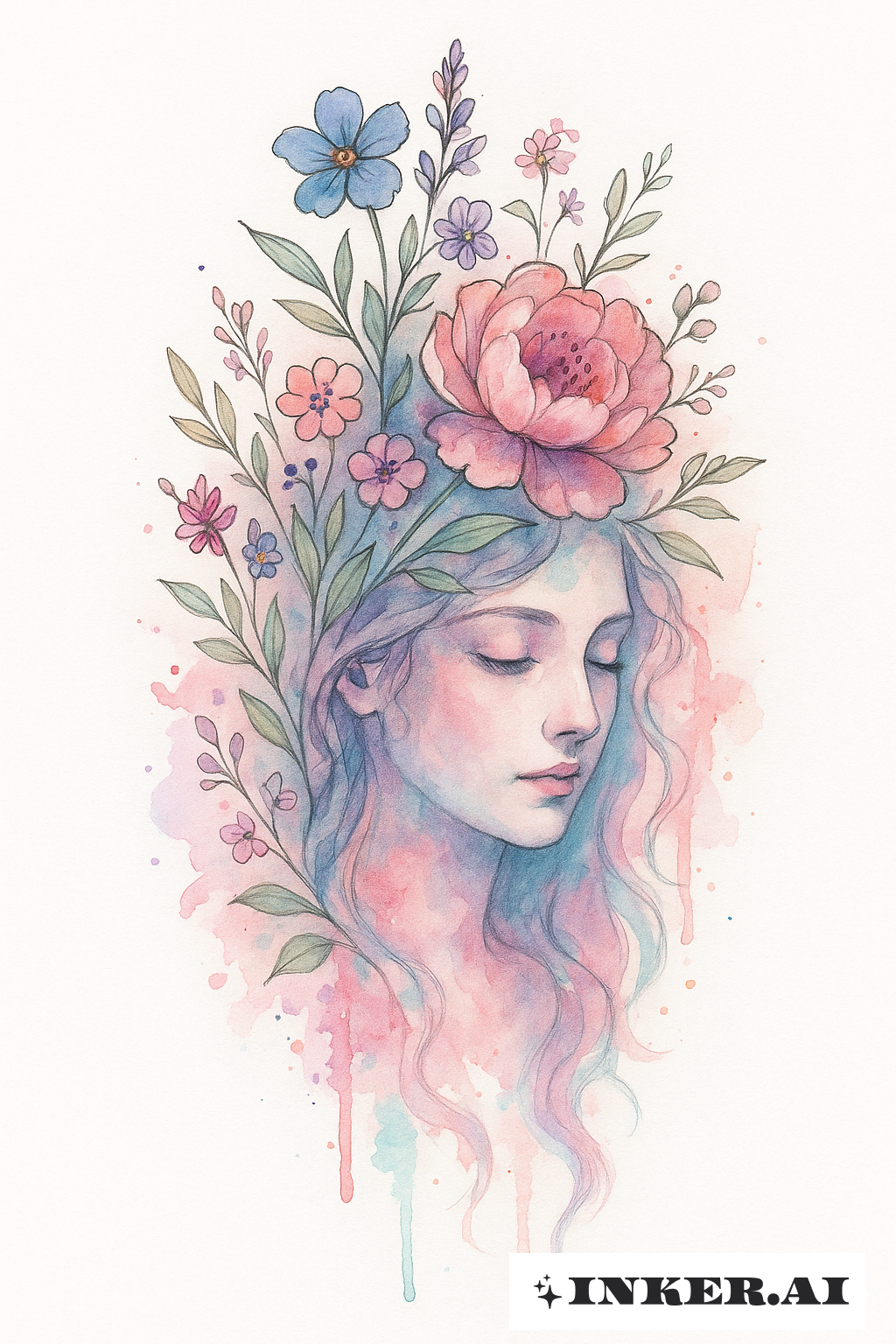 Flowers Growing From A Watercolor Portrait Of Persephone