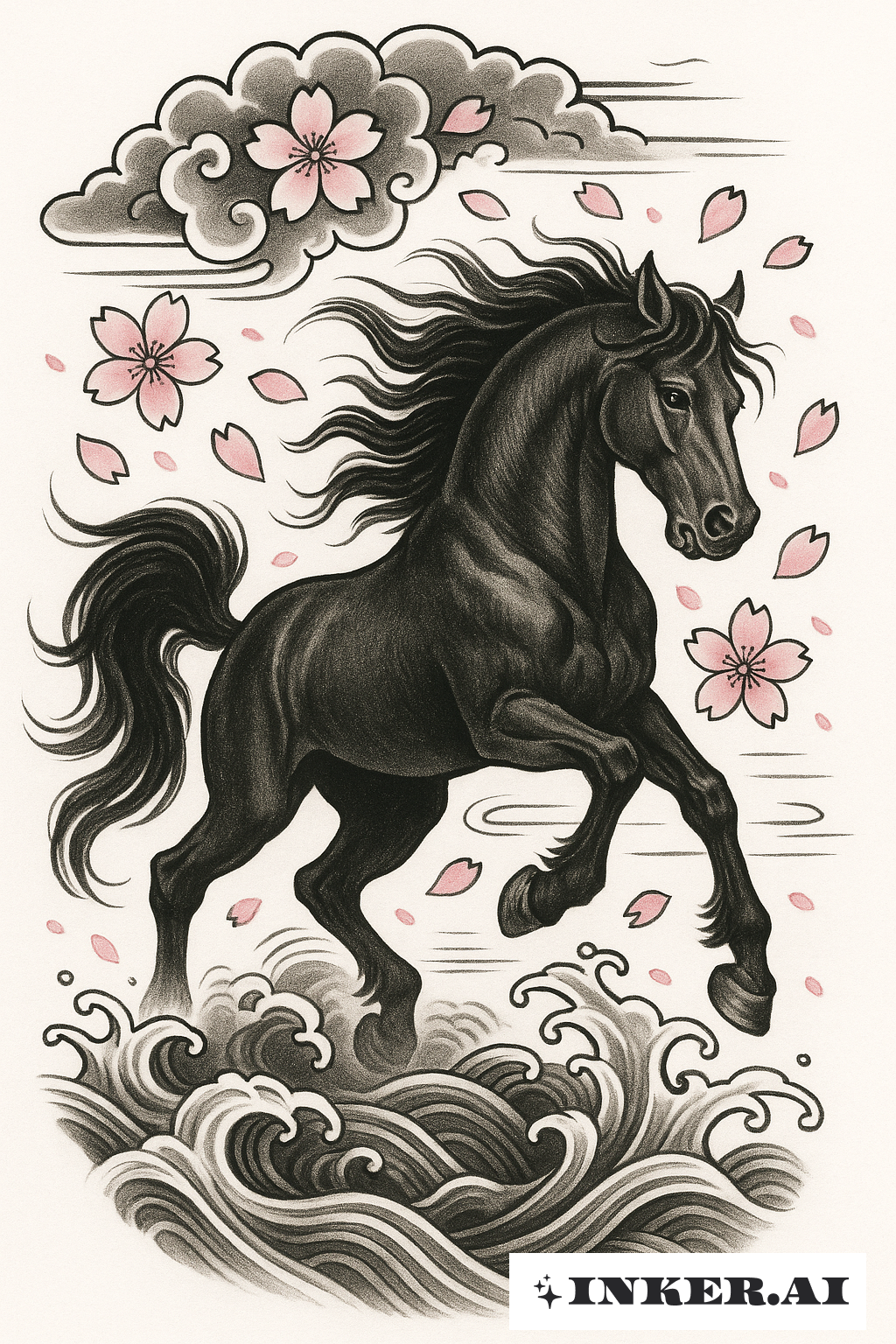 Cheval Sombre Sous les Nuages de Sakura