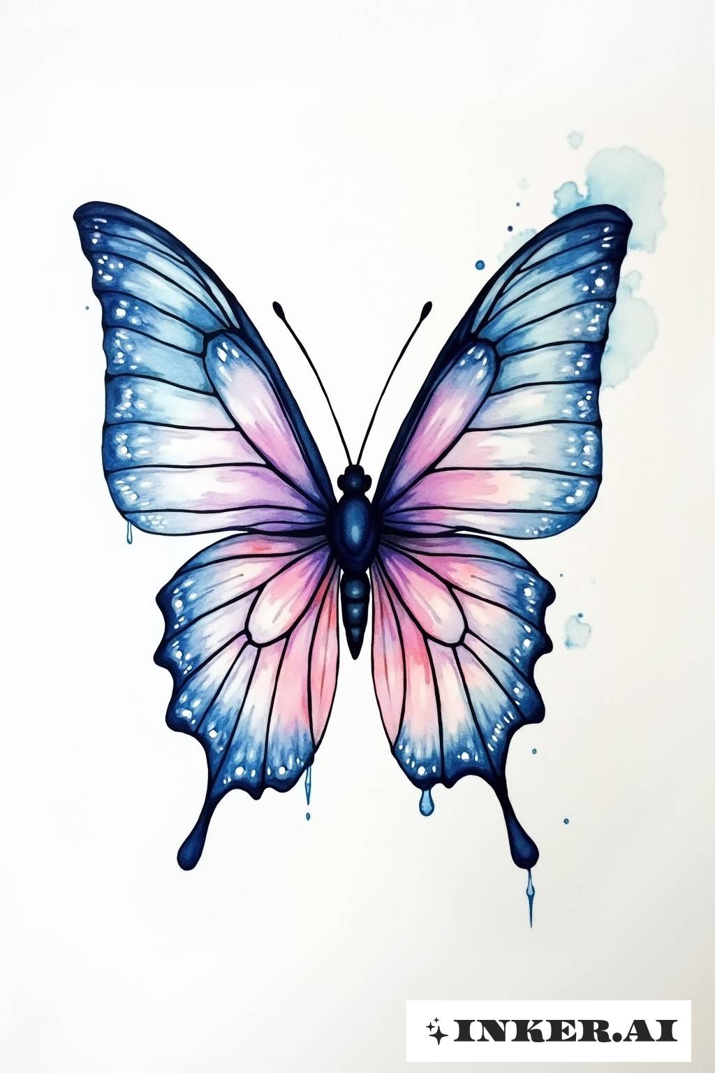 Un tatouage vibrant d'aile de papillon orné de délicates textures de gouttes de pluie est illustré. Les couleurs se fondent harmonieusement, créant un effet similaire à l'aquarelle qui capture la beauté naturelle et l'unicité du design.