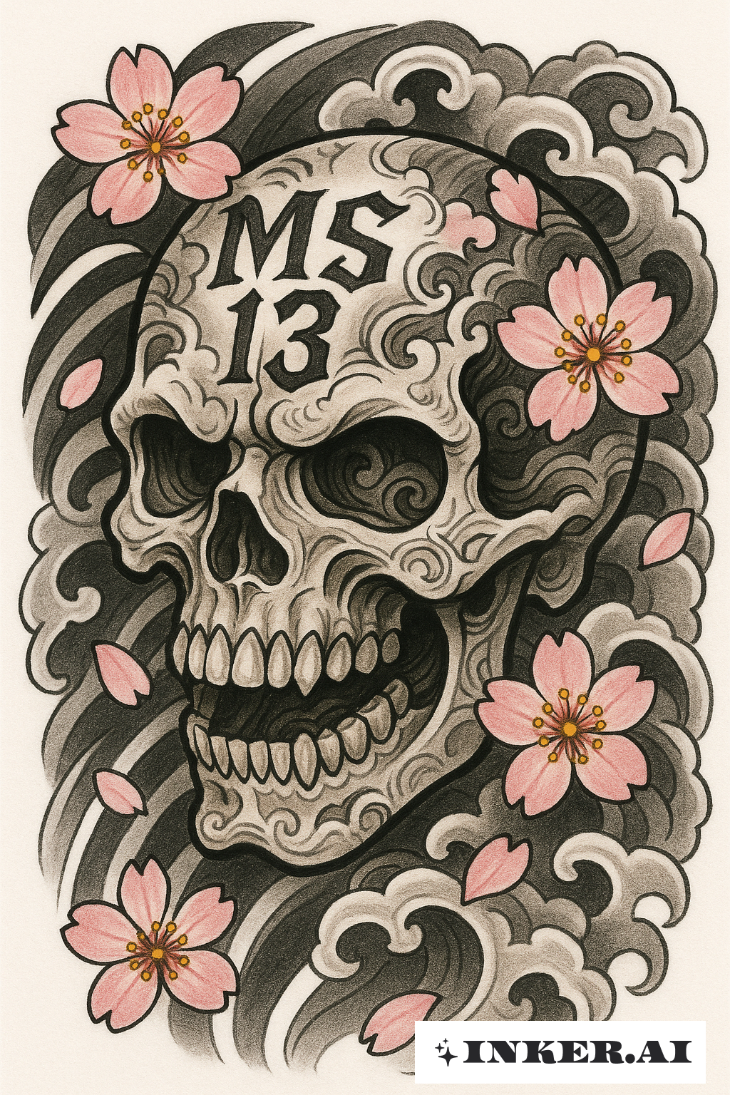 Ms 13 Schädel mit Kirschblüten