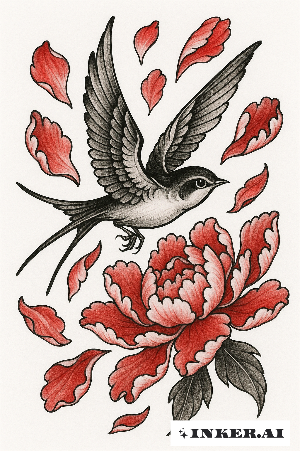 A Swallow With Falling Peony Petals