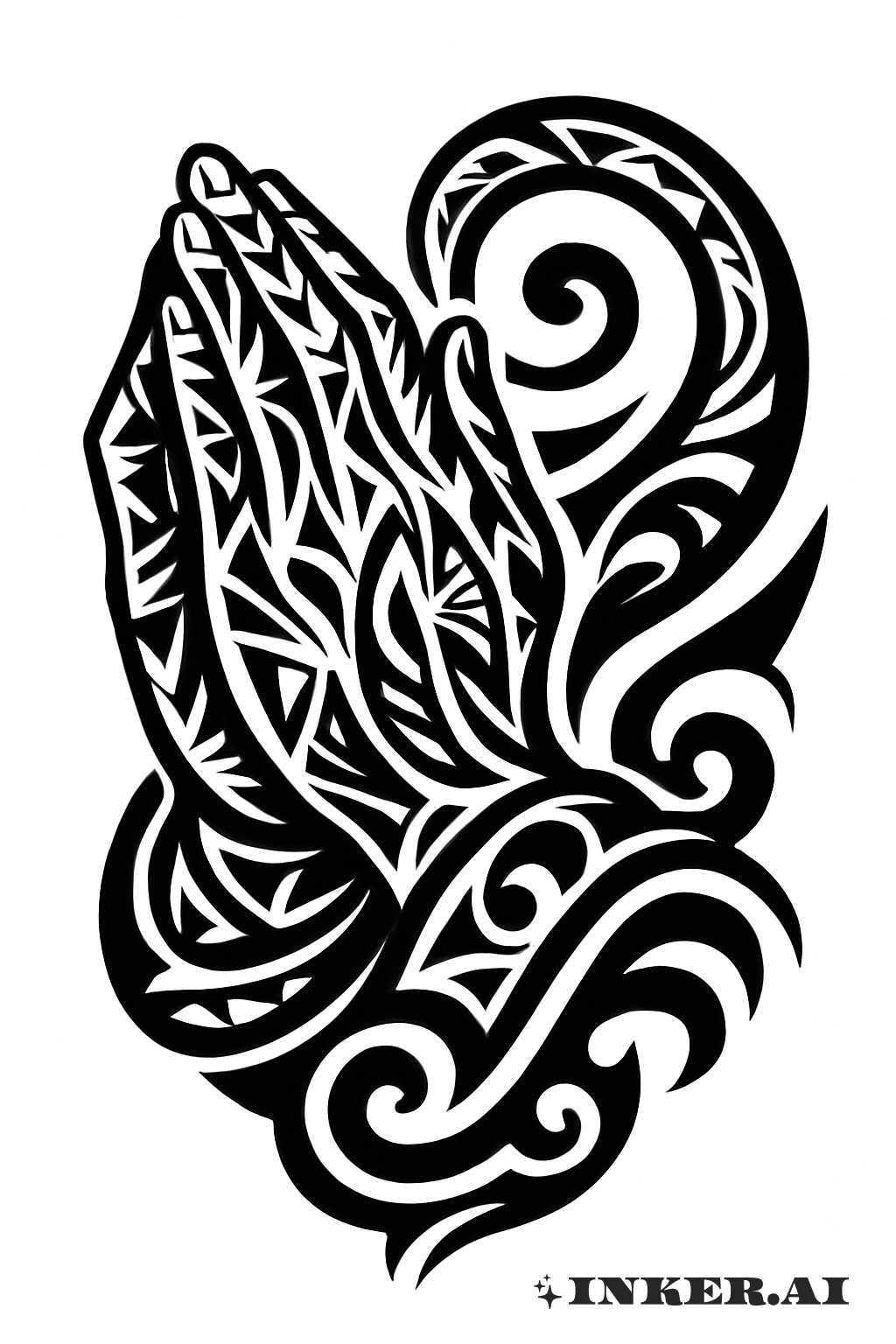 Praying Hands Interwoven with a Koru Spiral