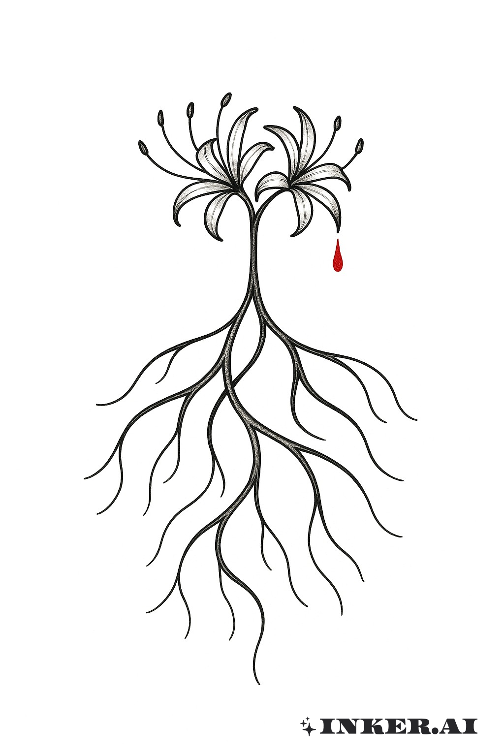 Un diseño lineal minimalista de raíz de lirio araña, que presenta un trabajo de línea delicado con un contraste marcado contra la piel.