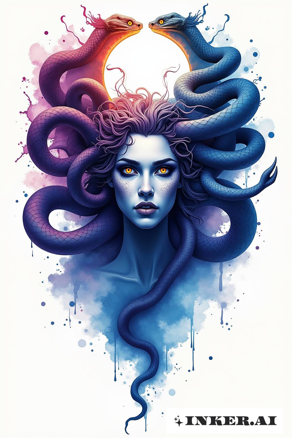 Un tatouage de Méduse en style aquarelle avec des serpents et un effet d'éclipse autour de son visage.