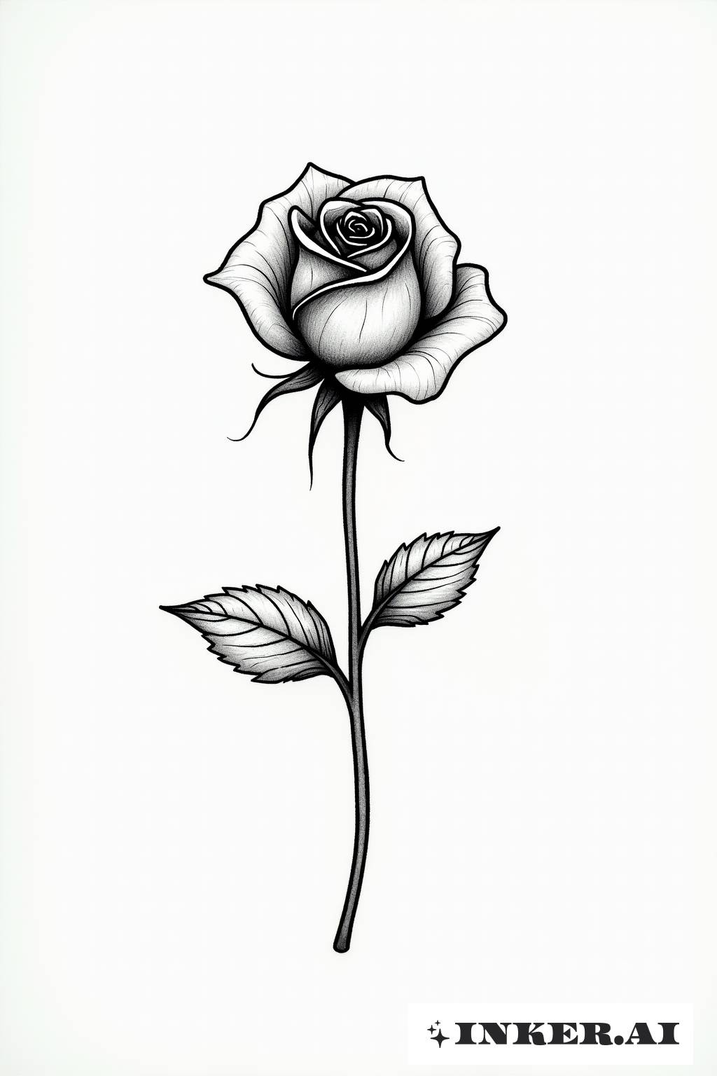 Ein einzelnes Tattoo einer schwarzen Rose im minimalistischen Stil, mit einer detailreichen Blüte und subtiler Schattierung, die einen kleinen Schatten darunter wirft.