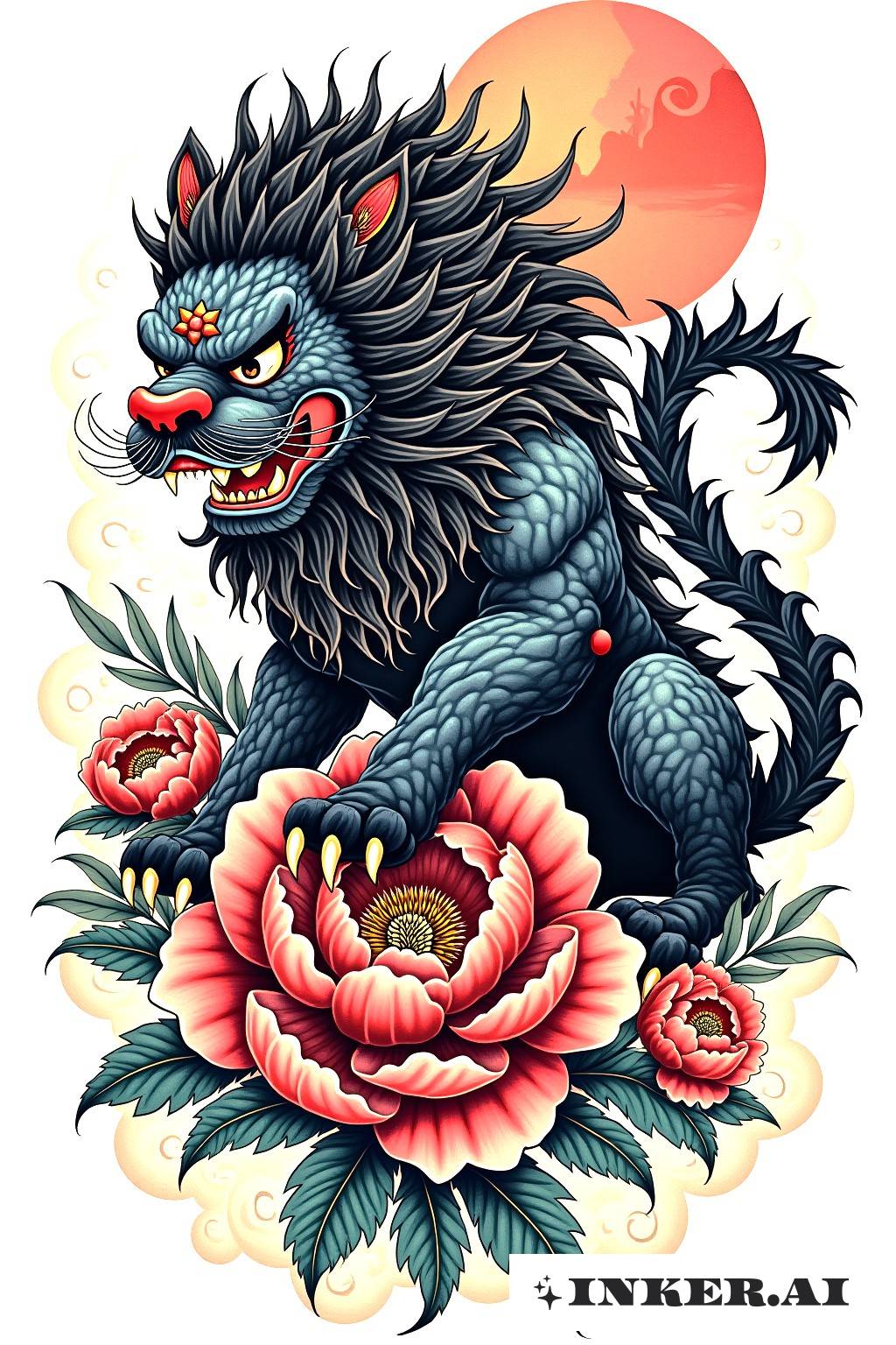 Una representación detallada de un majestuoso León Foo entrelazado con peonías en flor, mostrando patrones intrincados y colores vibrantes.