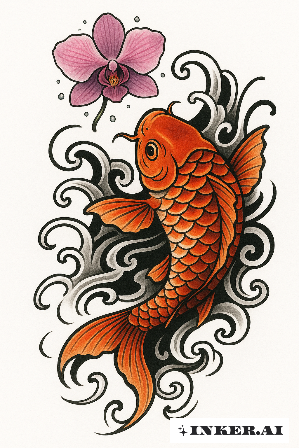 Peces Koi y una Orquídea Flotante