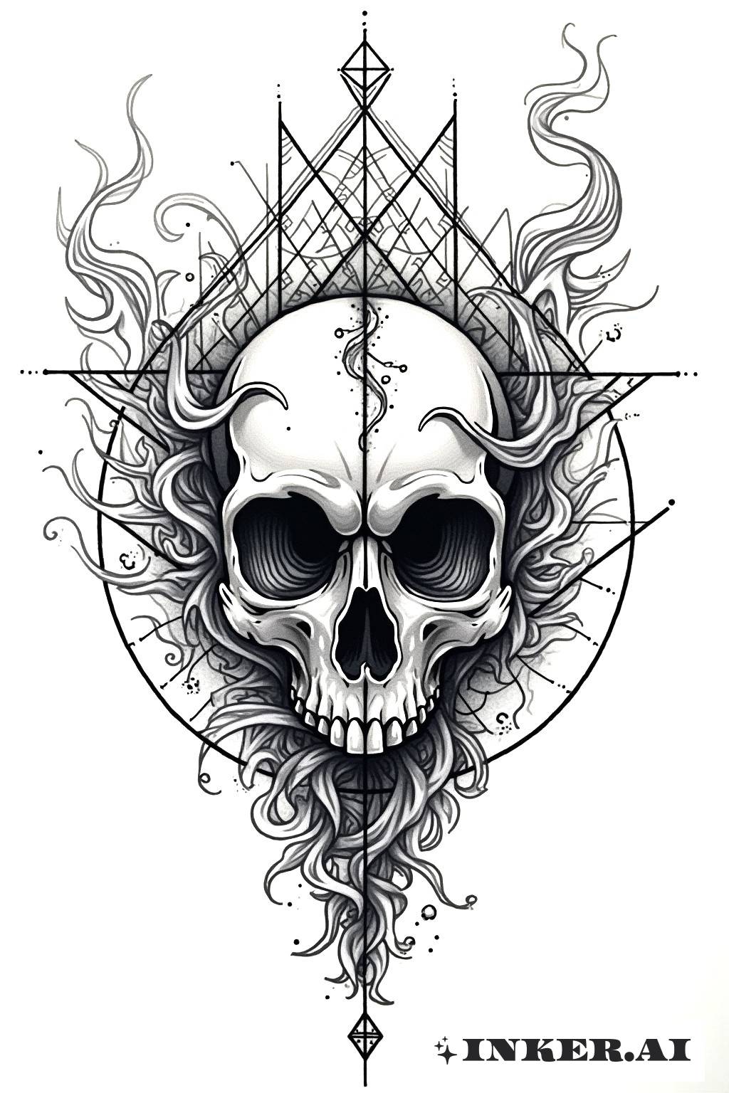 Una calavera con patrones geométricos intrincados emergiendo del humo arremolinado, mostrando un diseño oscuro y misterioso.
