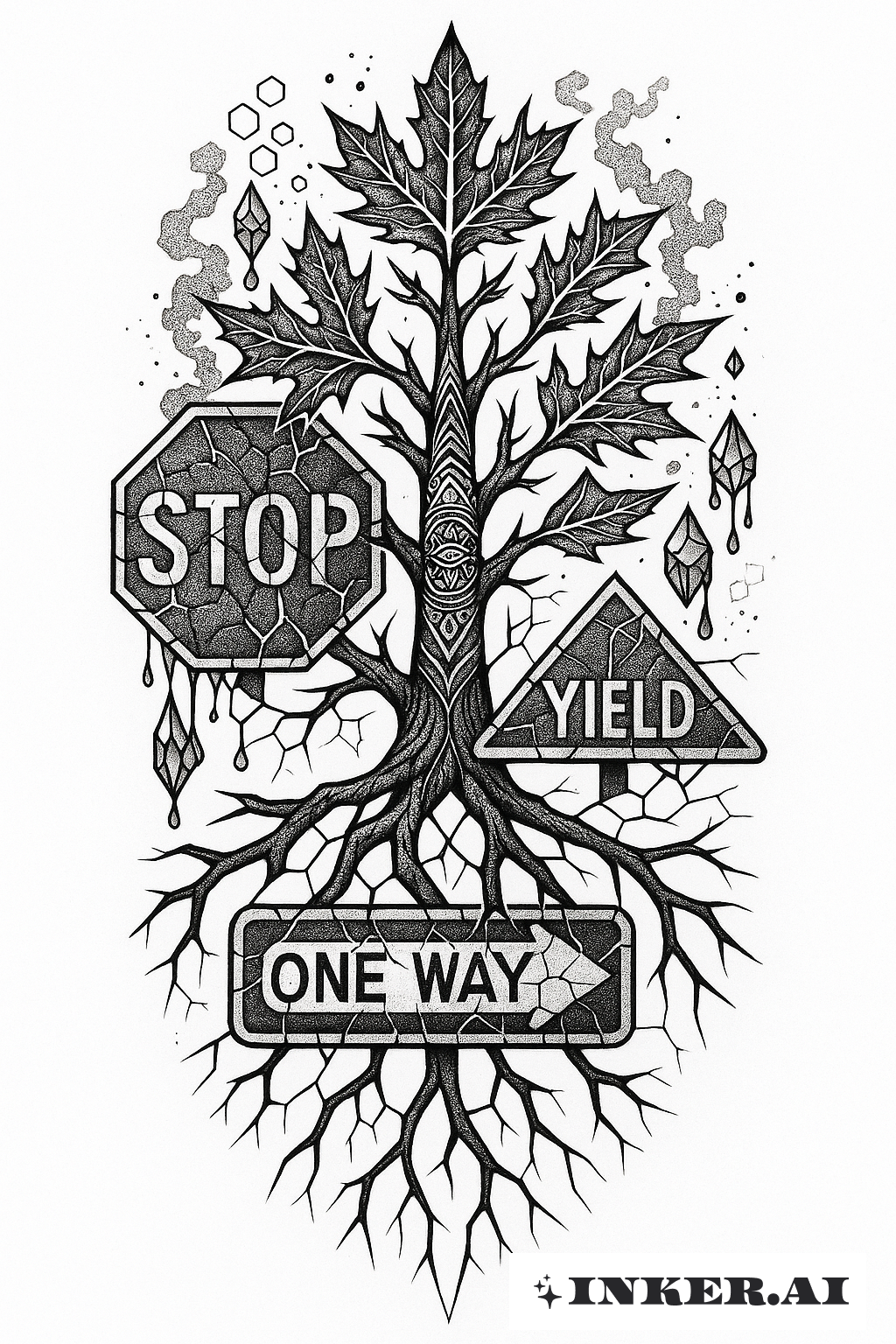 Um vibrante design de tatuagem apresentando uma árvore venenosa geométrica entrelaçada com placas de rua urbanas, exibindo o equilíbrio entre a natureza e a vida na cidade.