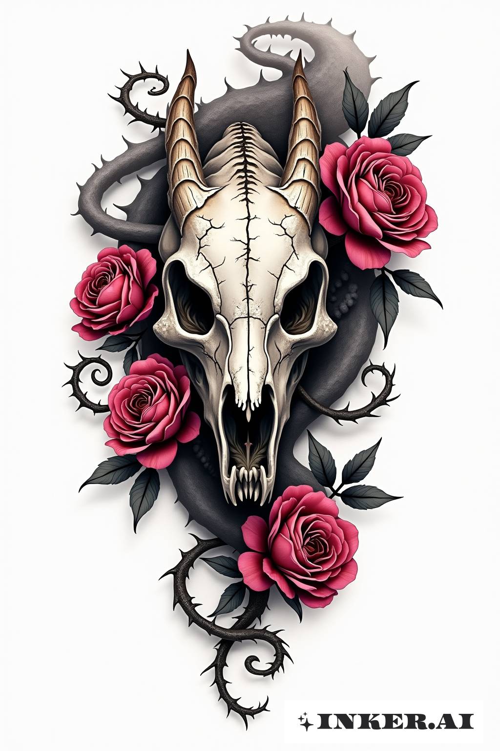 Ein eindrucksvolles Tattoo, das einen Drachenschädel zeigt, der mit detaillierten floralen Ranken und Blättern verflochten ist.