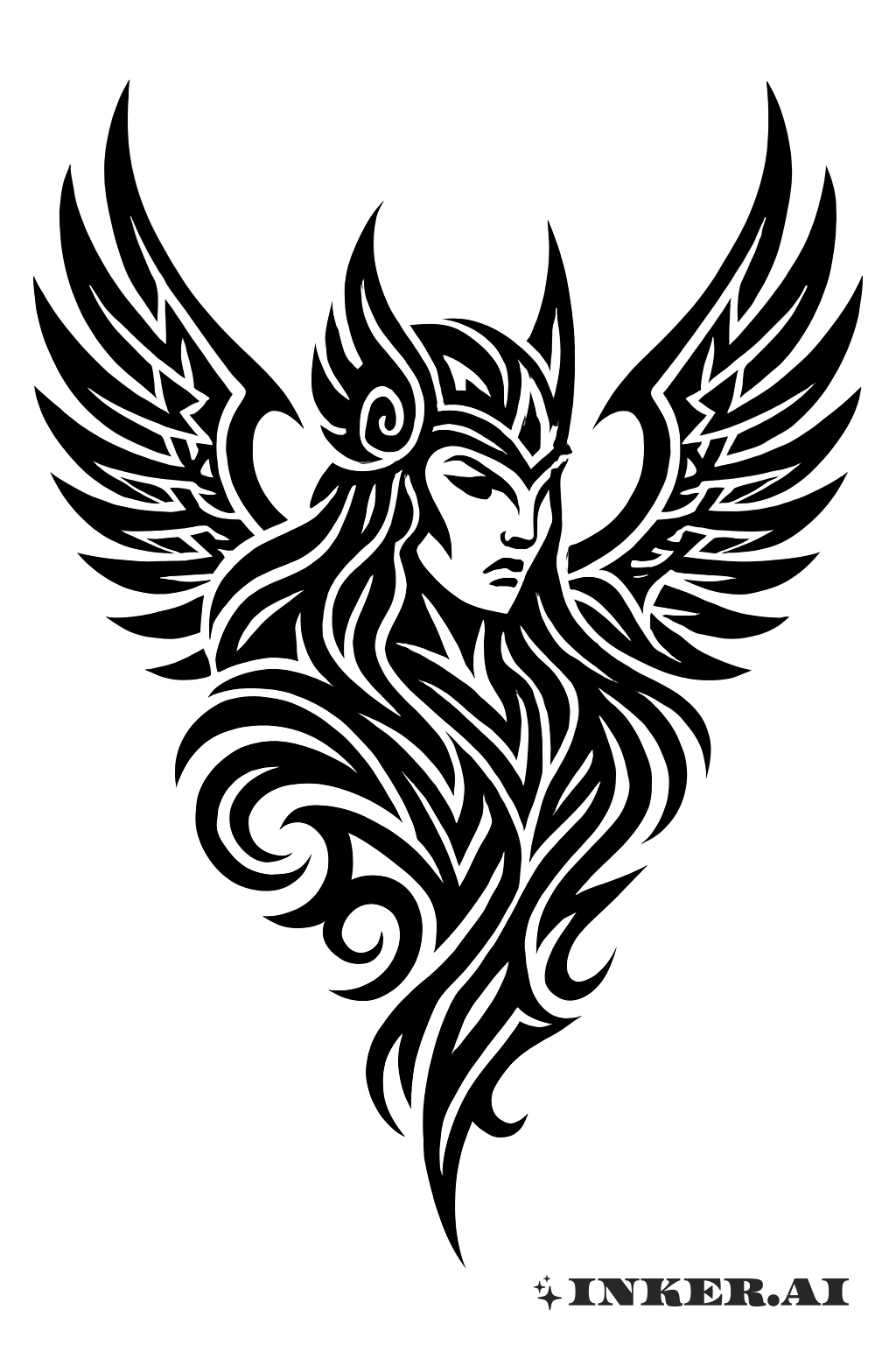 Flowing Tribal Valkyrie And Wings