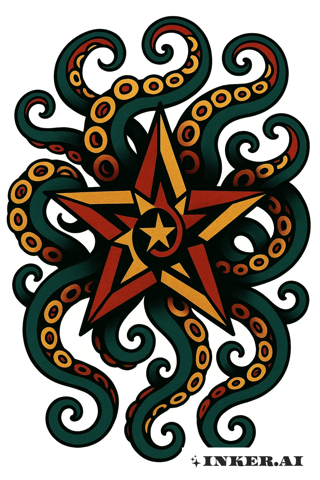 Un tatouage vibrant et coloré de style traditionnel américain mettant en scène un tentacule de poulpe tourbillonnant entrelacé avec un motif d'étoile.