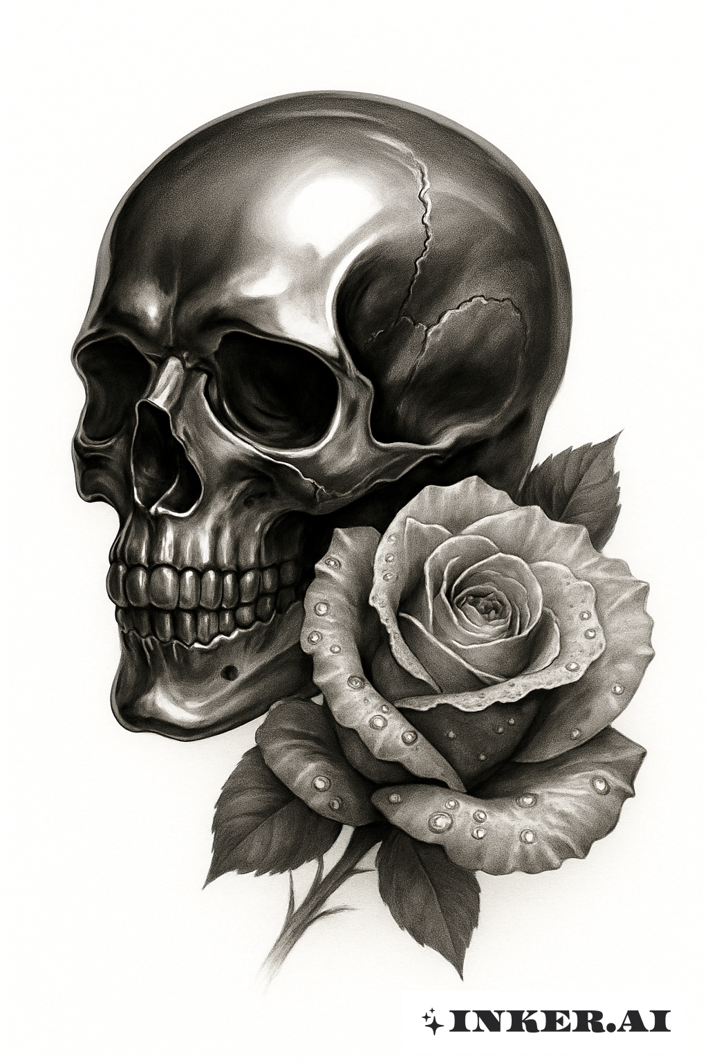 Totenkopf Reflexivo com Uma Rosa Beijada Pelo Orvalho
