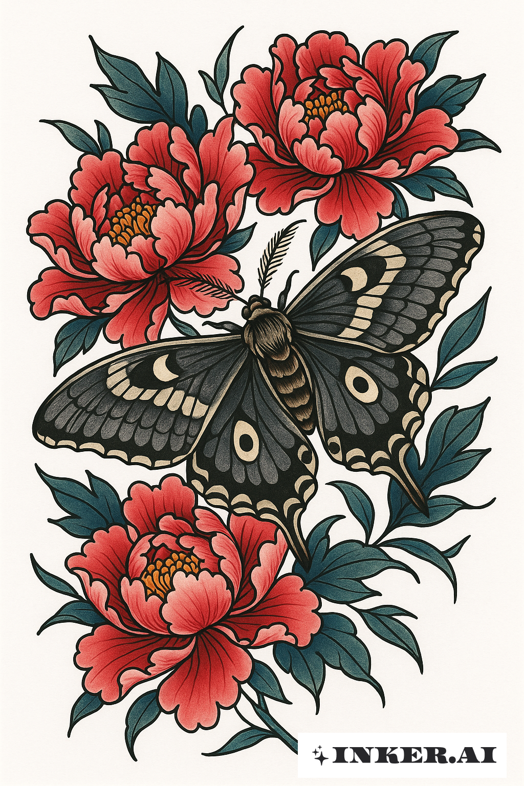 Motte und Pfingstrosenblüte