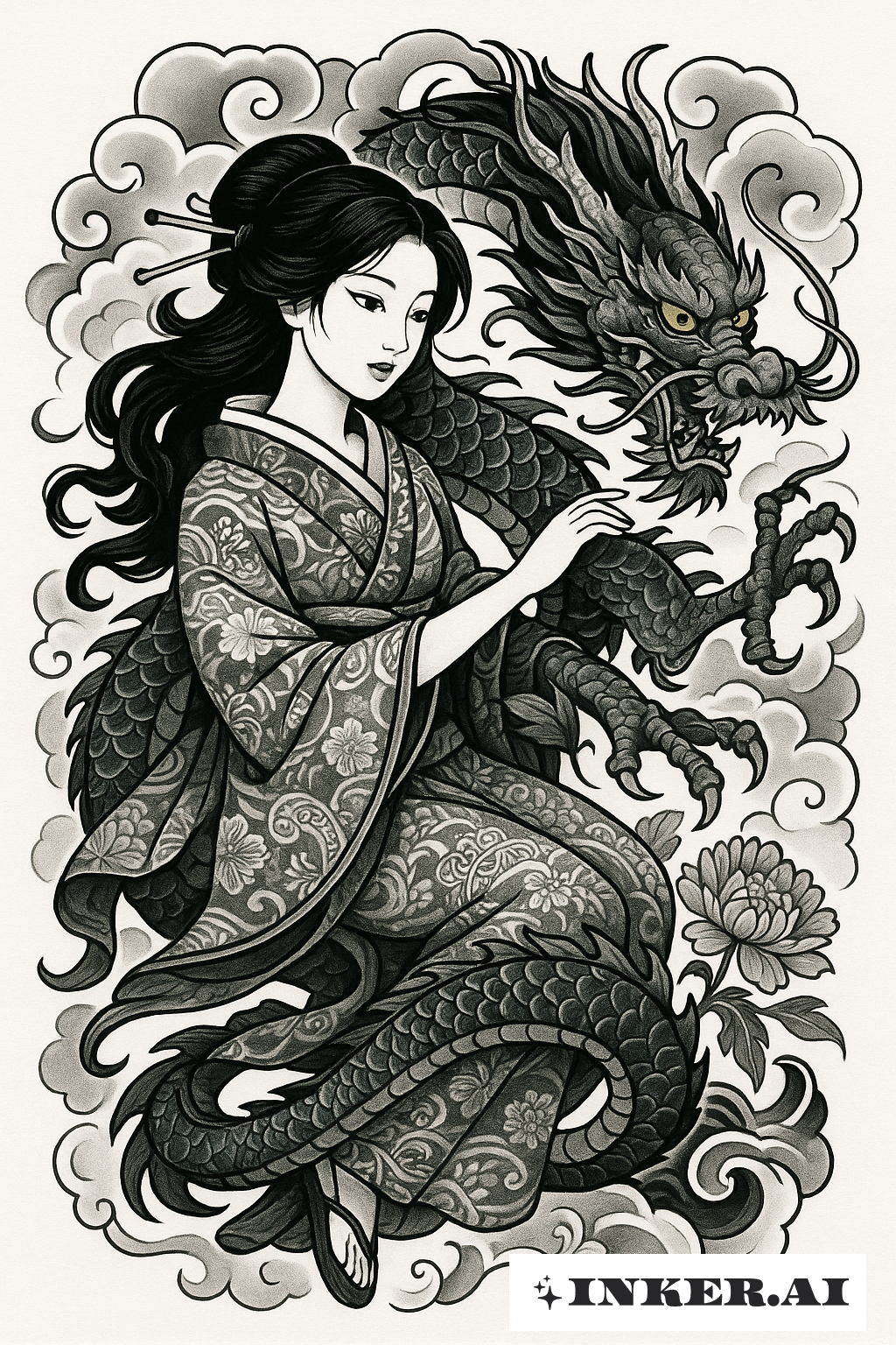 La Fille avec le Dragon dans des Nuages Tourbillonnants Japonais