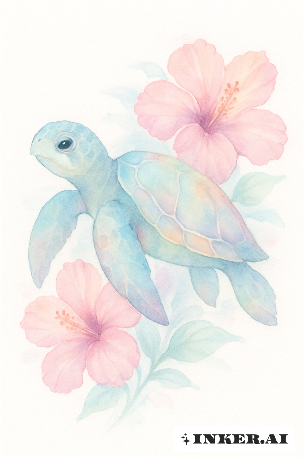 Pastel aquarelle tortue de mer et fleurs d'hibiscus