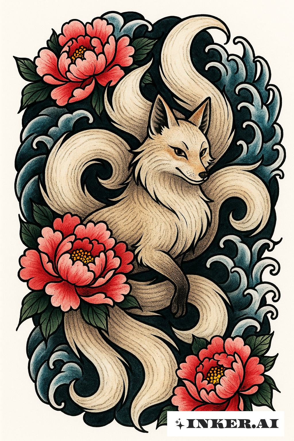 Un Renard Kitsune Traditionnel avec des Pivoines et des Vagues