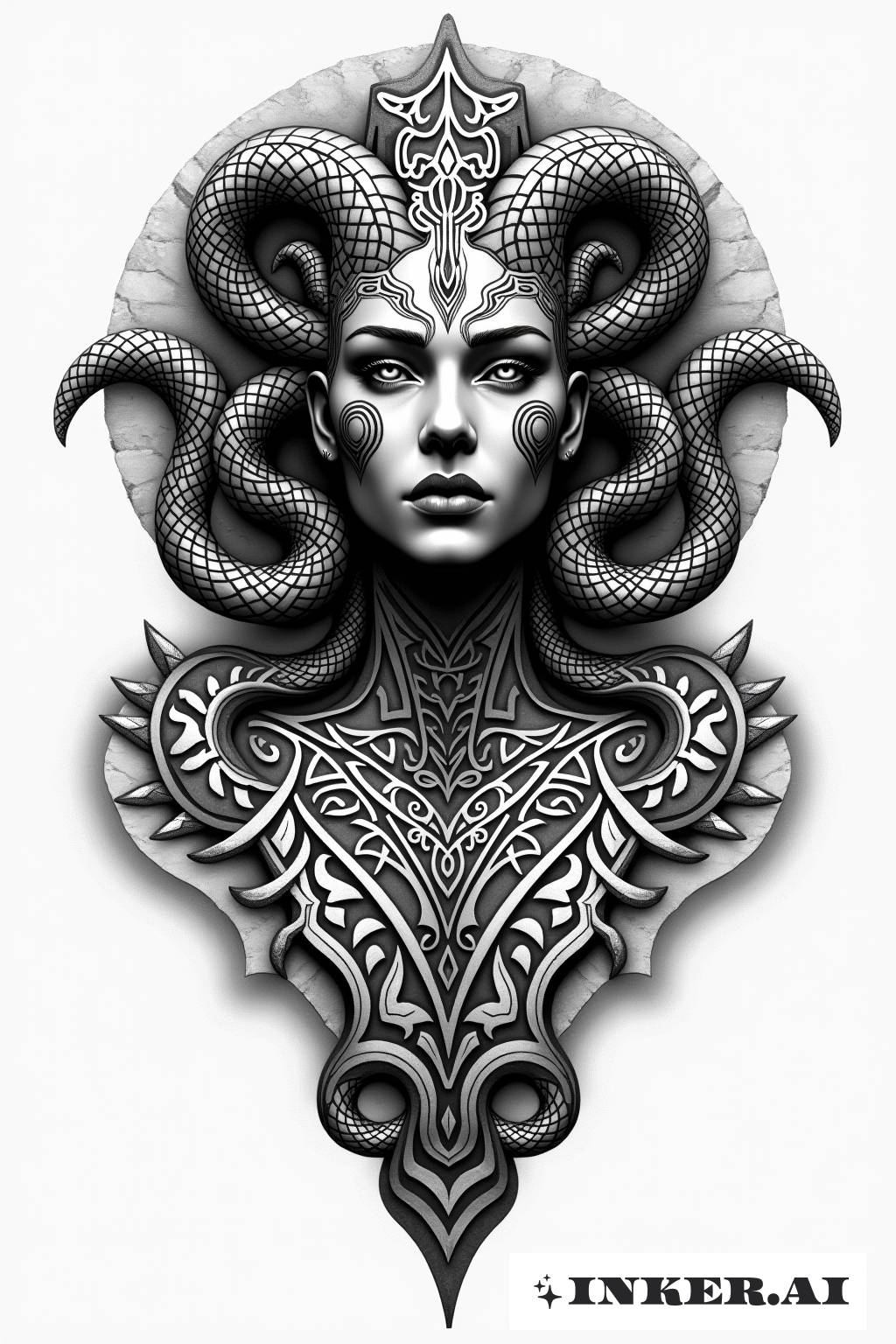 Una cabeza de Medusa con serpientes en lugar de cabello, abrazada por patrones parecidos a piedras y elementos tribales.