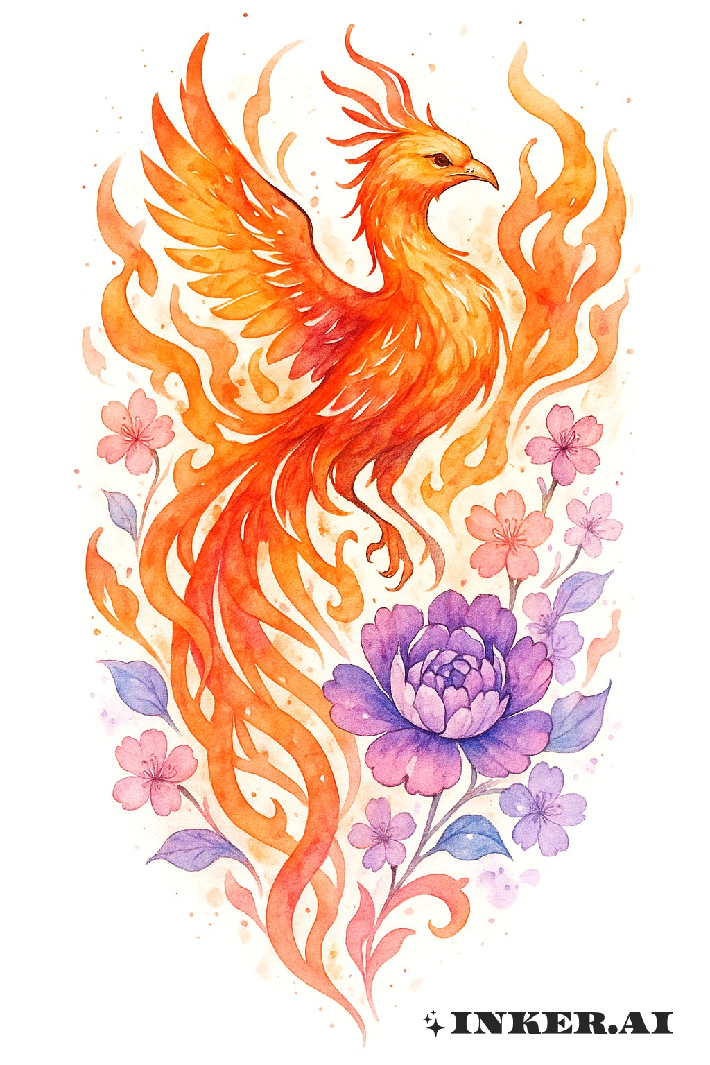 Ein lebendiger und farbenfroher Phönix, der sich zwischen wirbelnden floralen Motiven erhebt, mit Spritzern von Aquarellfarben.