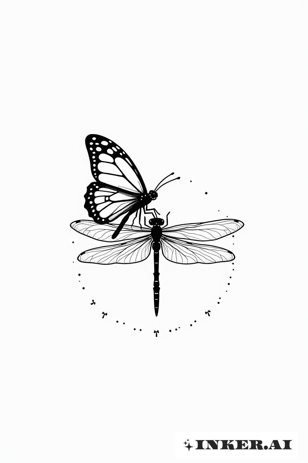 Uma tatuagem delicada com uma borboleta e uma libélula, ambas intricadamente desenhadas com detalhes nas asas e elementos florais, ajustada a um fundo minimalista na pele.