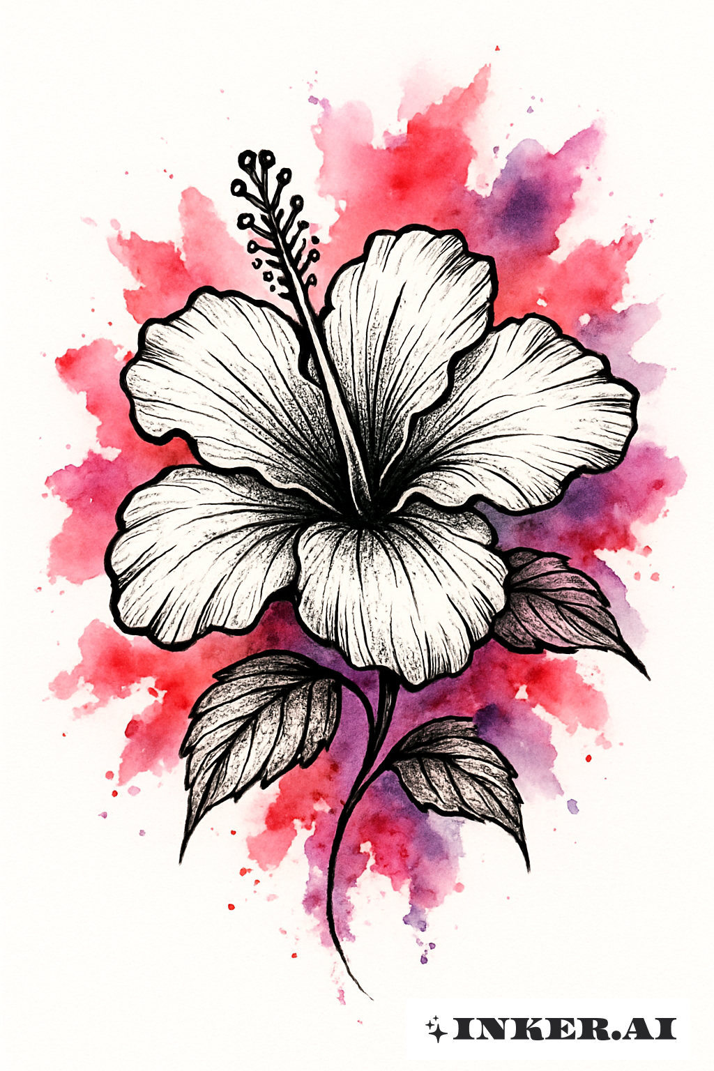 Black Ink Hibiscus With Color Splatters