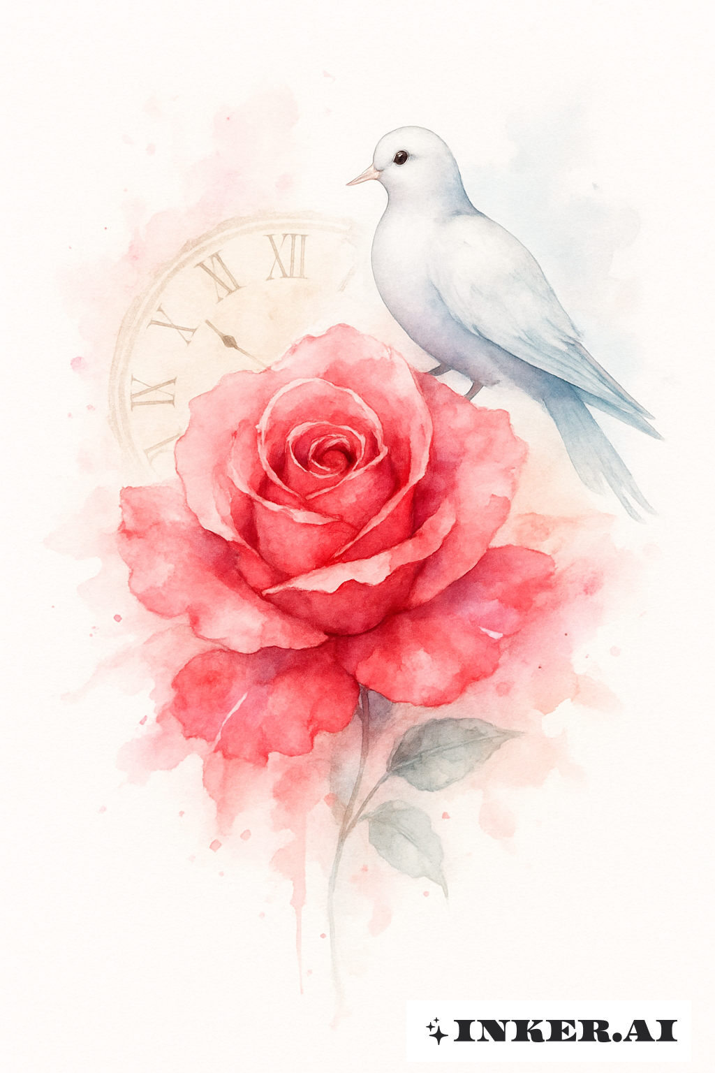 Rose aquarelle et colombe au sommet d'une horloge délavée