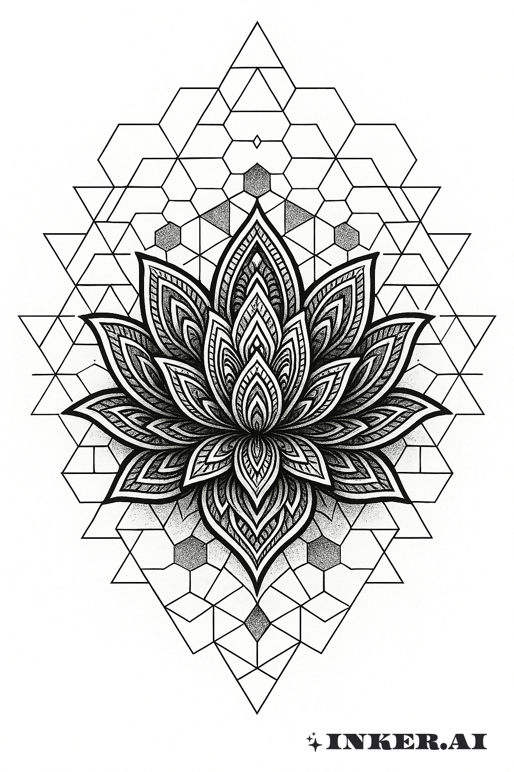 Das Tattoo zeigt ein symmetrisches Mandala-Lotus-Design mit präzisen geometrischen Mustern und komplexen Linien.