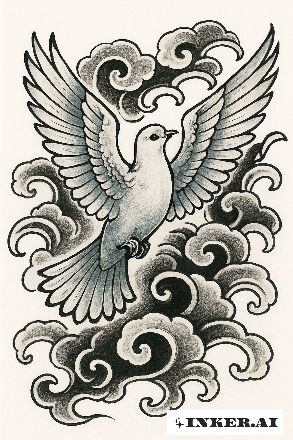Colombe Gracieuse Planant à Travers les Nuages Irezumi