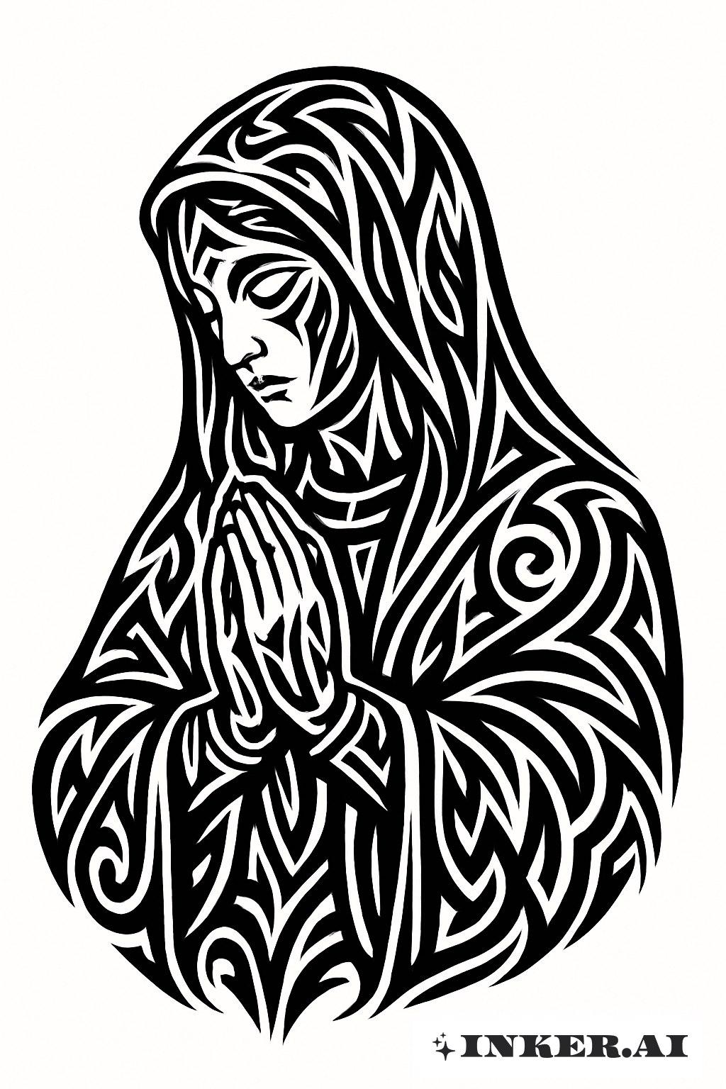 Motifs Tribaux Formant une Vierge Marie en Prière