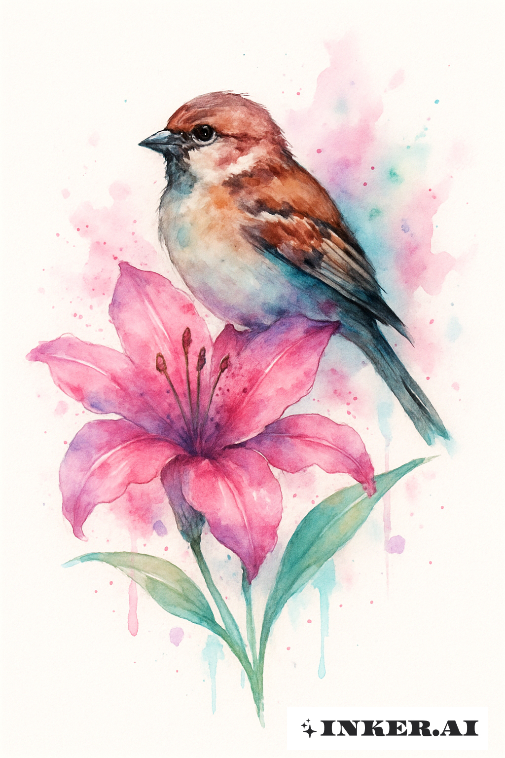Sparrow Resting On A Watercolor Lily