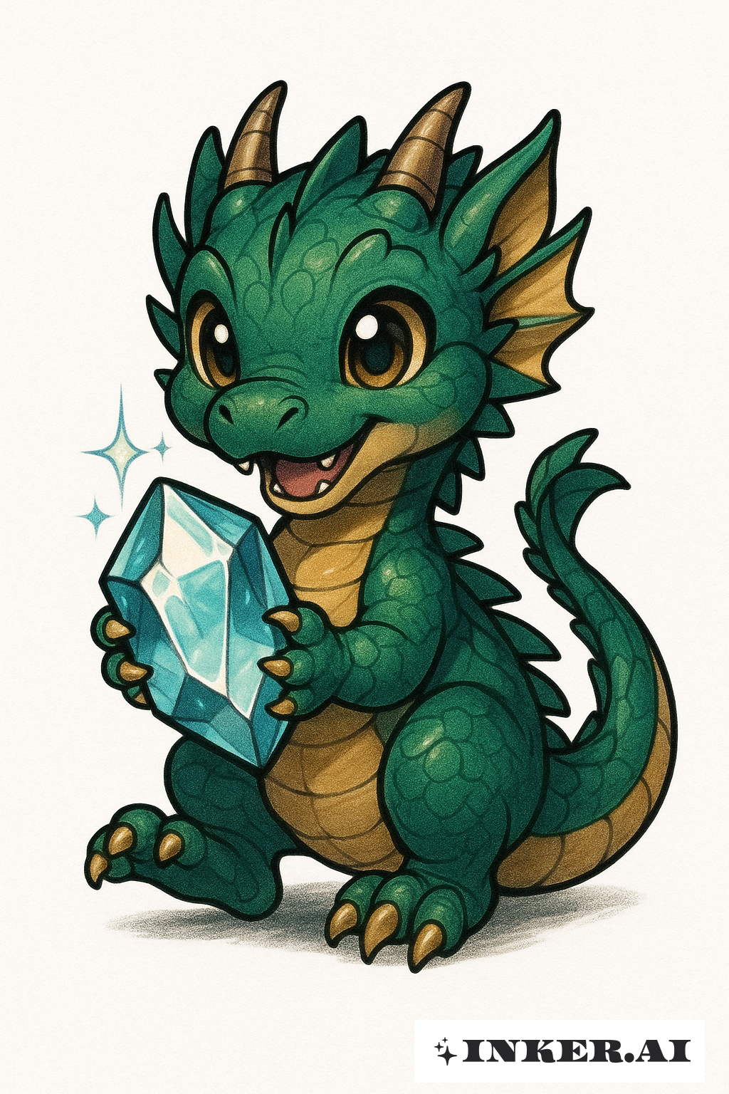 Chibi Japanese Dragon Holding a Crystal