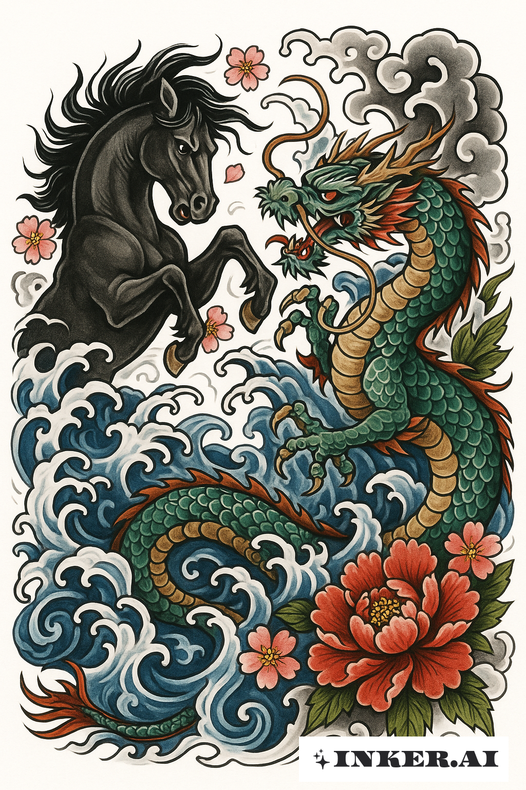 Cheval Sombre Luttant Contre un Dragon de Mer