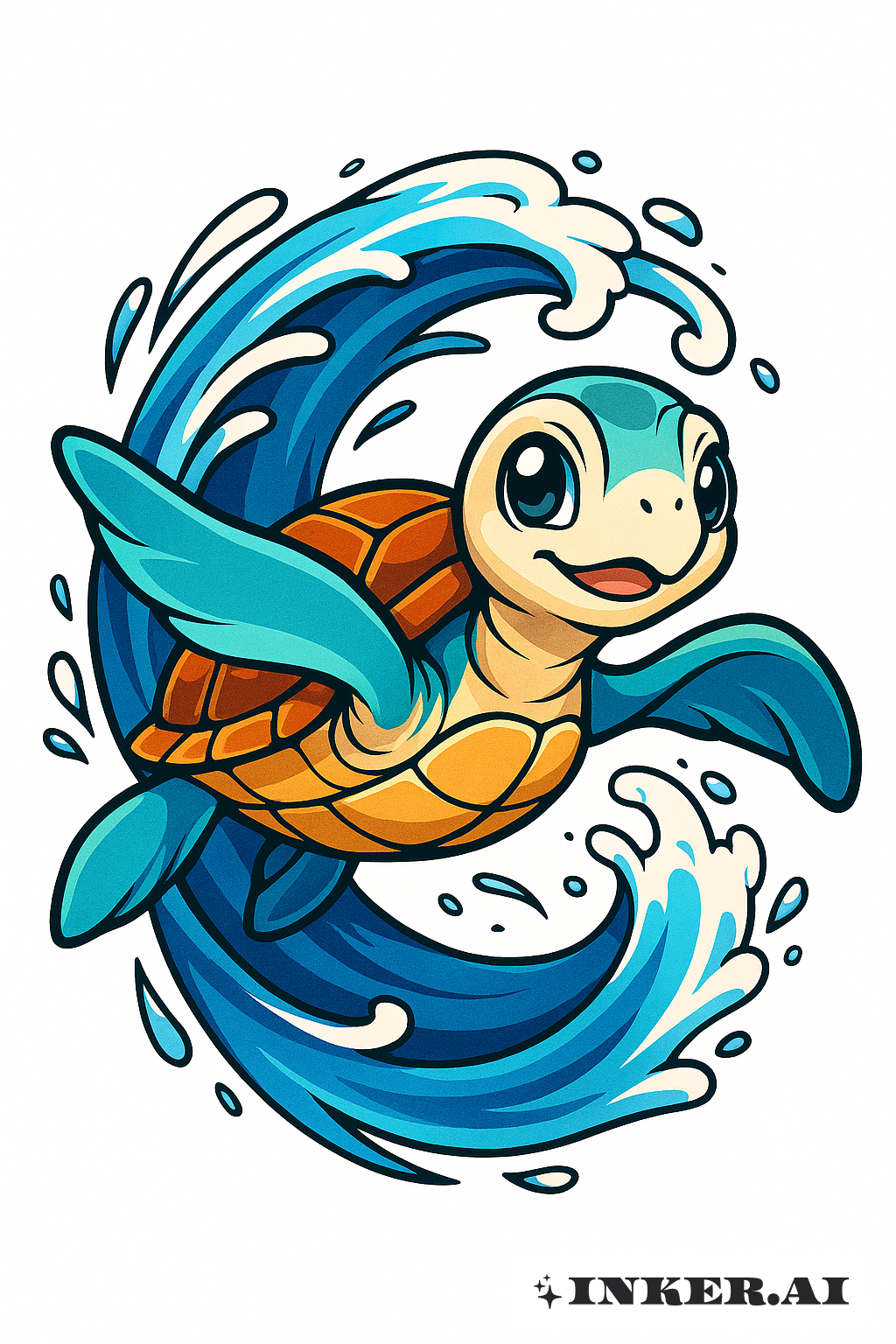 Tortue de Mer de Style Anime dans une Vague Tourbillonnante