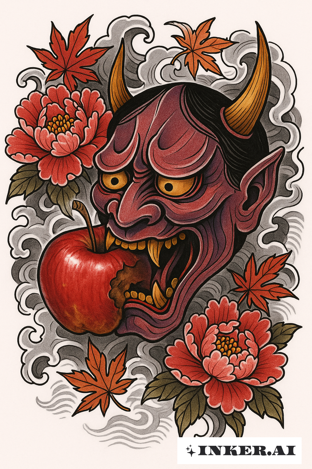 A Hannya Mask Biting the Bad Apple