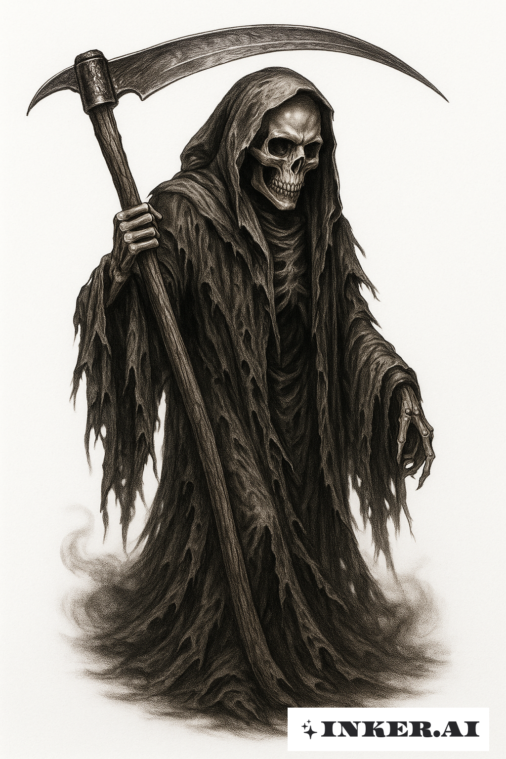 Hyperrealistischer Sensenmann mit zerfetztem Umhang