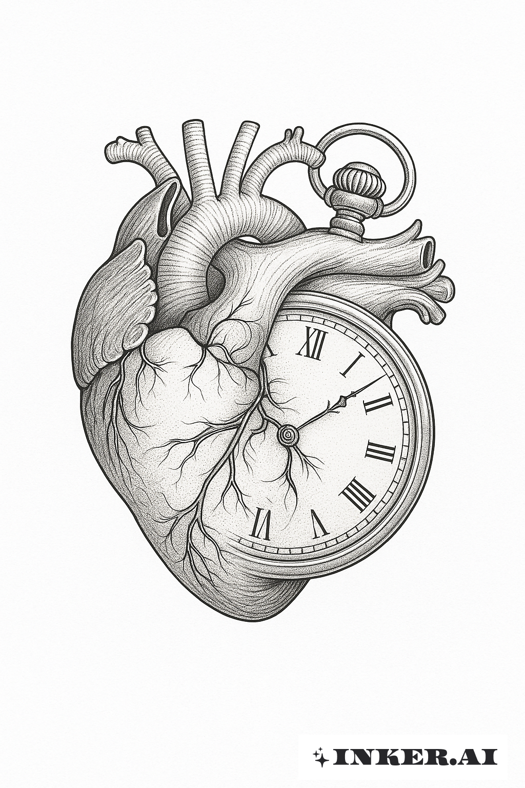 Anatomisches Herz und Uhr Memento Mori