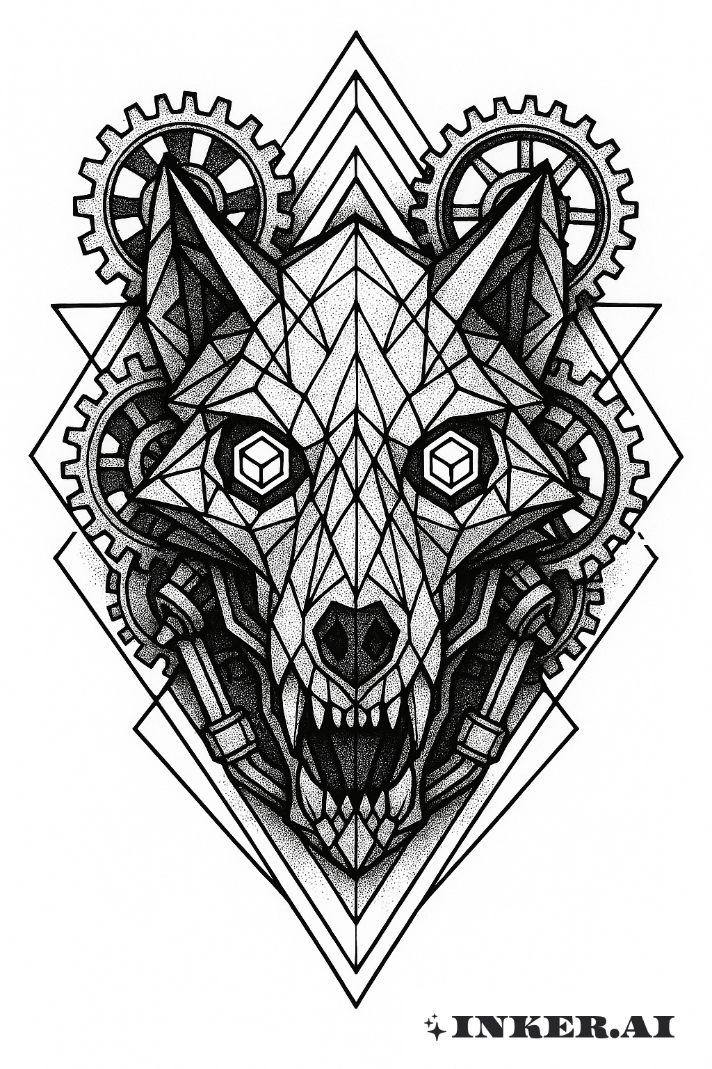 A wolf skull surrounded by intricate clockwork gears, presented in a geometric tattoo style.
