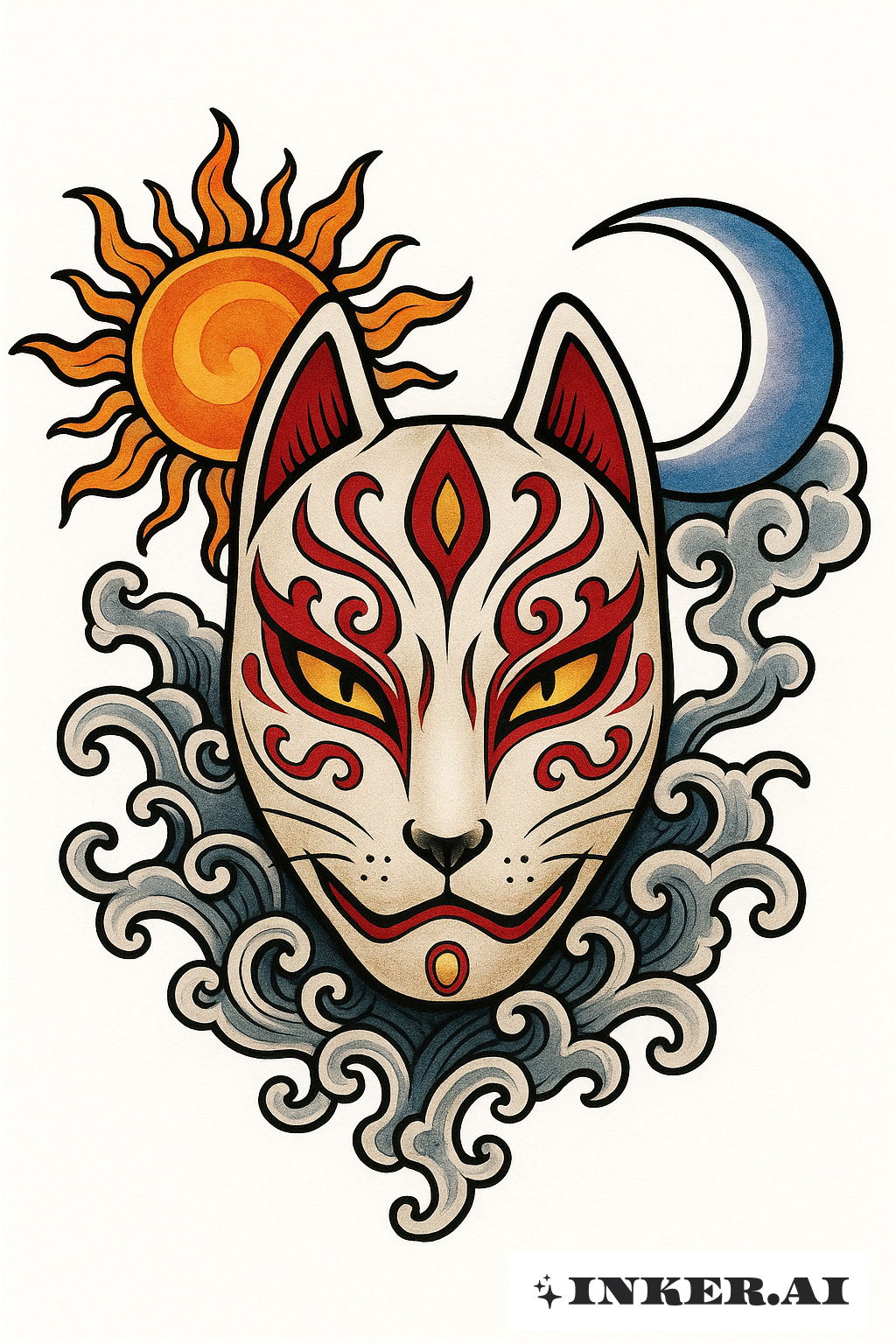 Mặt Nạ Kitsune Giữa Mặt Trời Và Mặt Trăng