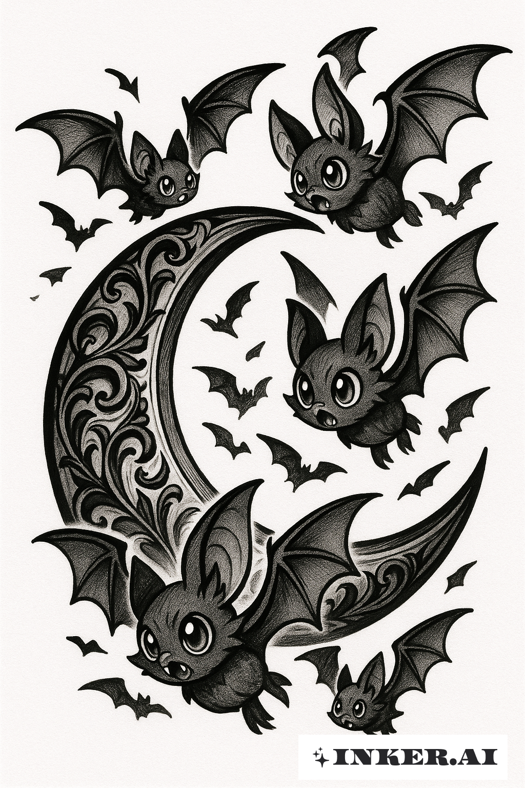 Gothic Crescent Moon With Flying Bats