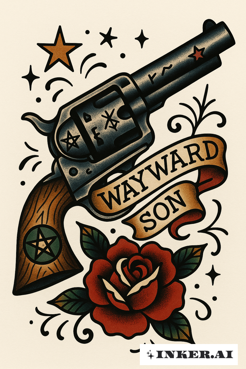 Ein Übernatürliches Colt-Tattoo mit 'Wayward Son' Banner