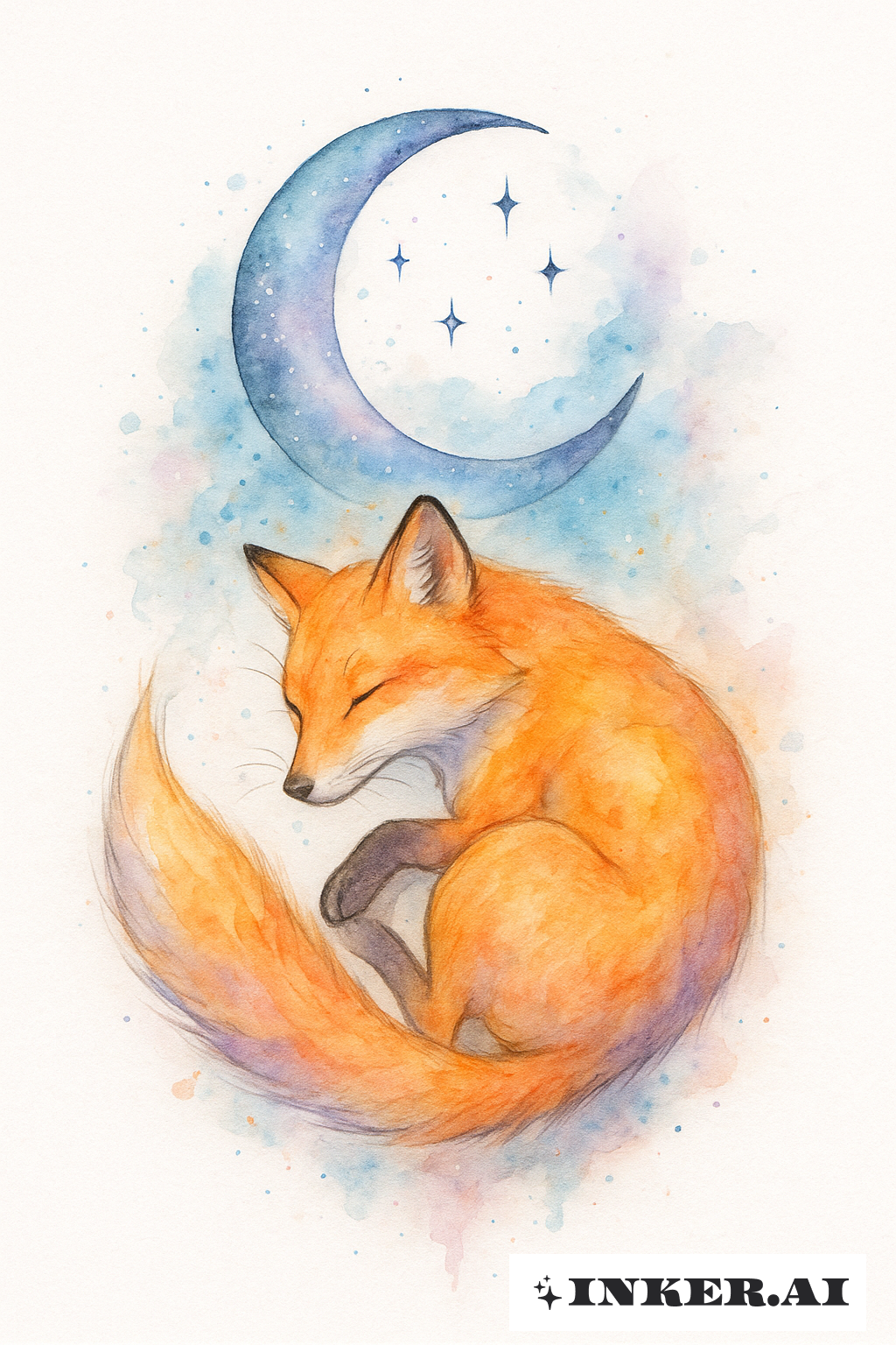 Un Renard En Aquarelle Onirique et Lune Croissante