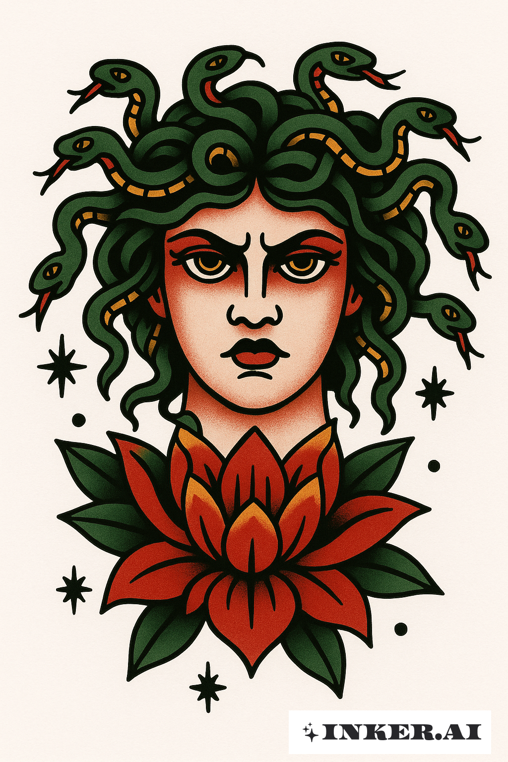 Bold Medusa Head and Lotus Flower