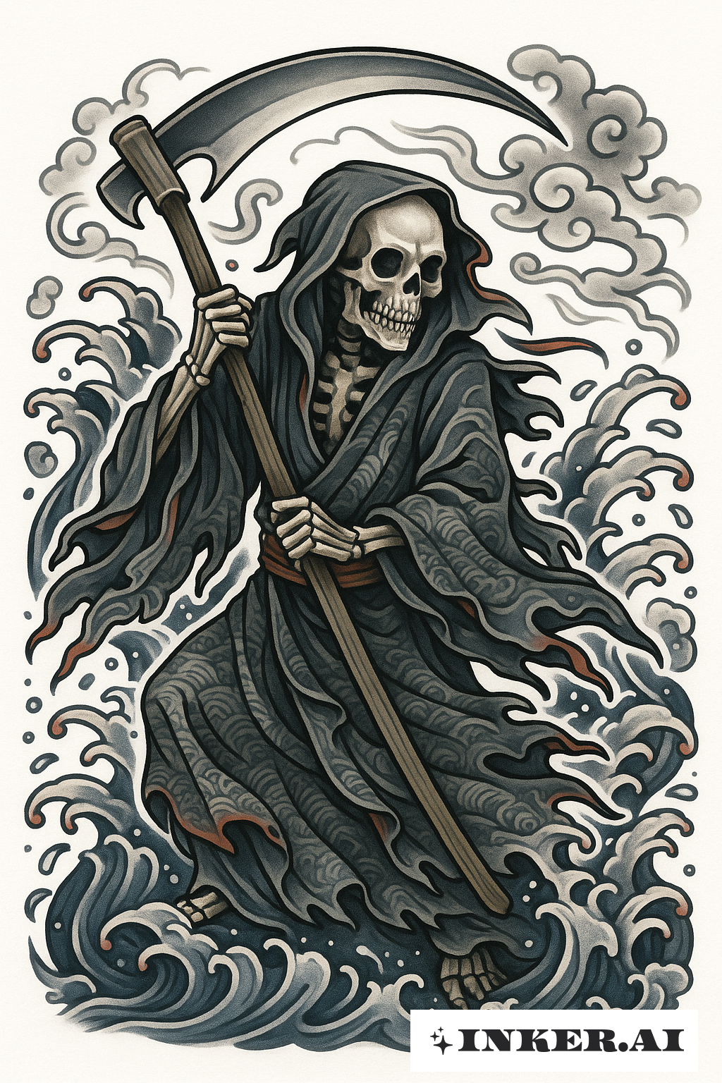 Sensenmann inmitten japanischer Wellen und Winde