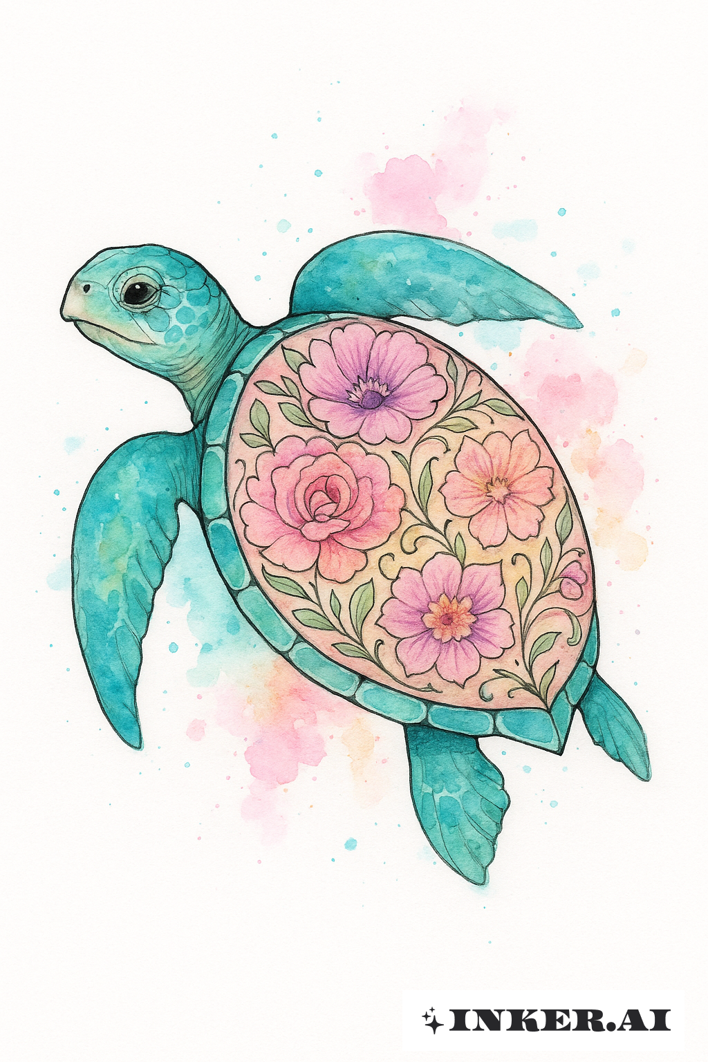 Watercolor Turtle With A Floral Shell