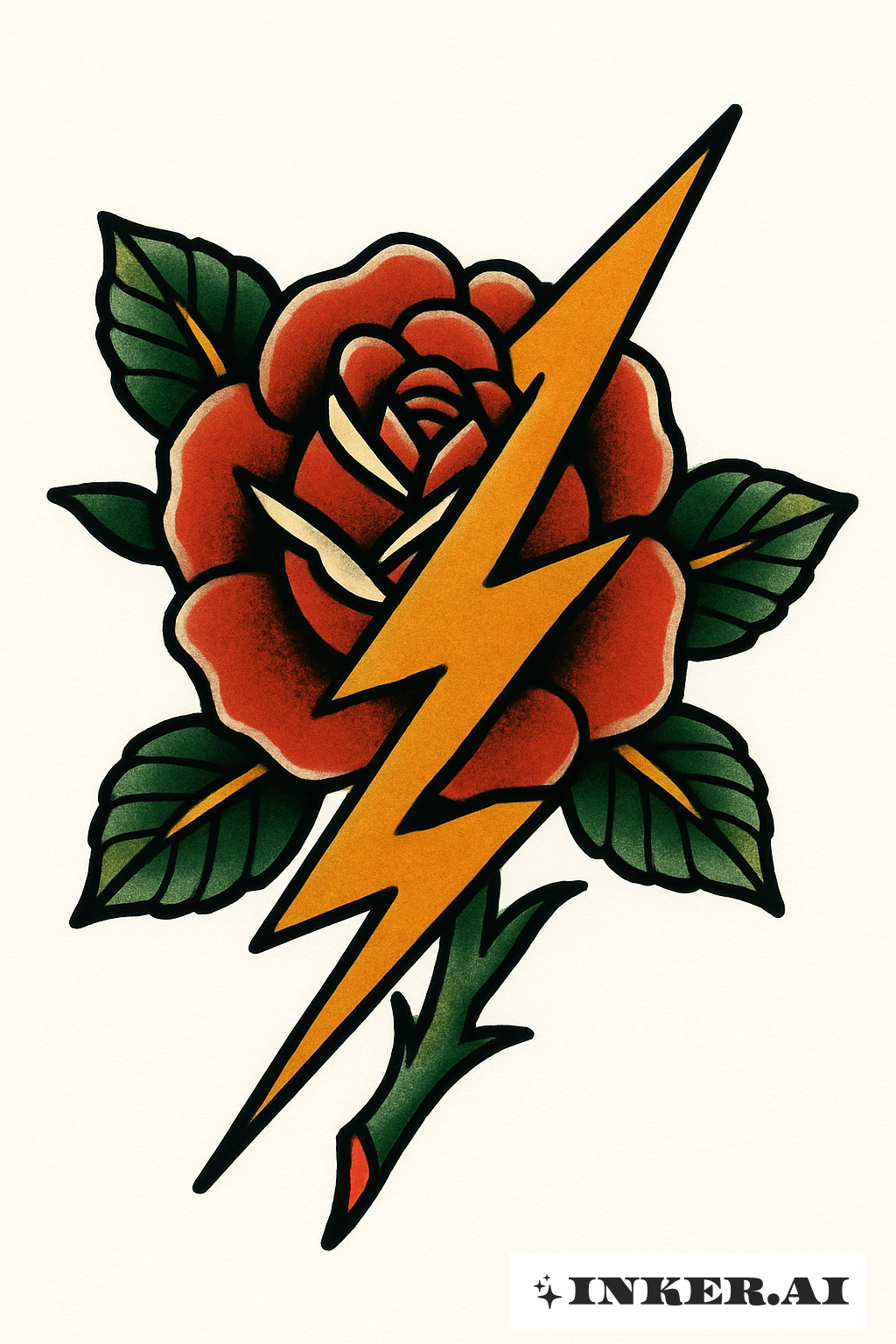 Hình xăm Hoa Hồng Cổ Điển và Tia Chớp