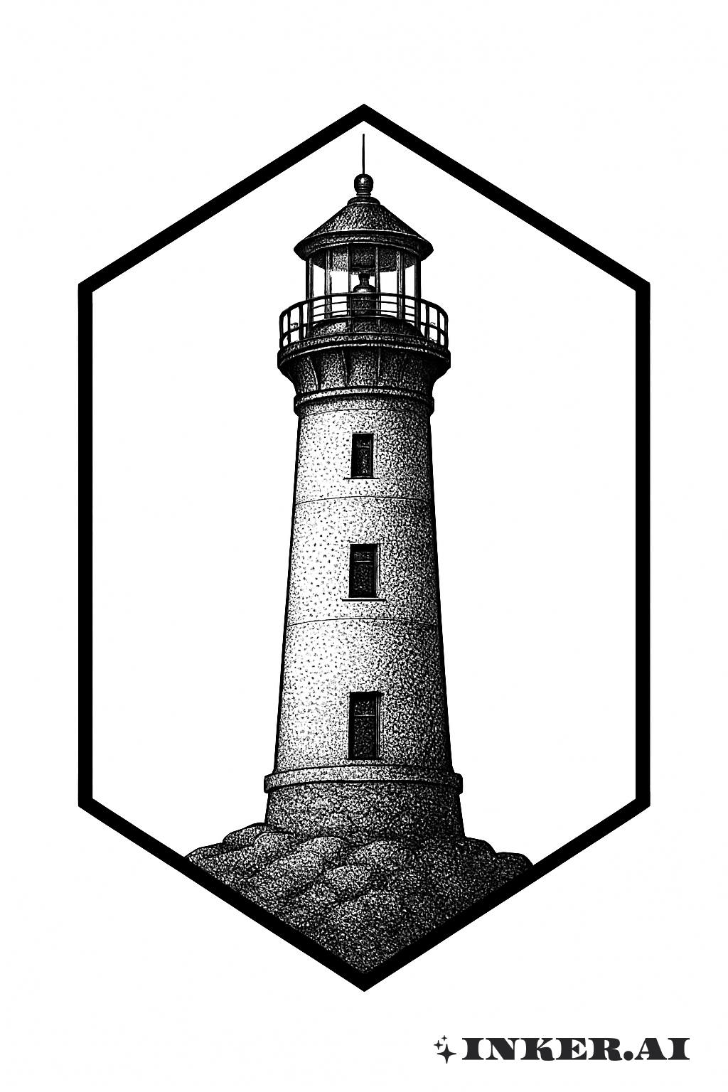 Phare en Dotwork à l'intérieur d'un Hexagone